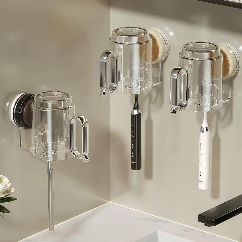 吸盘牙刷架壁挂式免打孔电动牙刷牙杯挂架卫生间倒挂漱口杯置物架