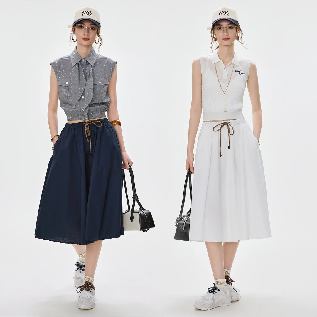 ANNASPEAK Miu系学院 百搭撞色抽绳松紧腰A型伞摆纯棉半身裙夏季