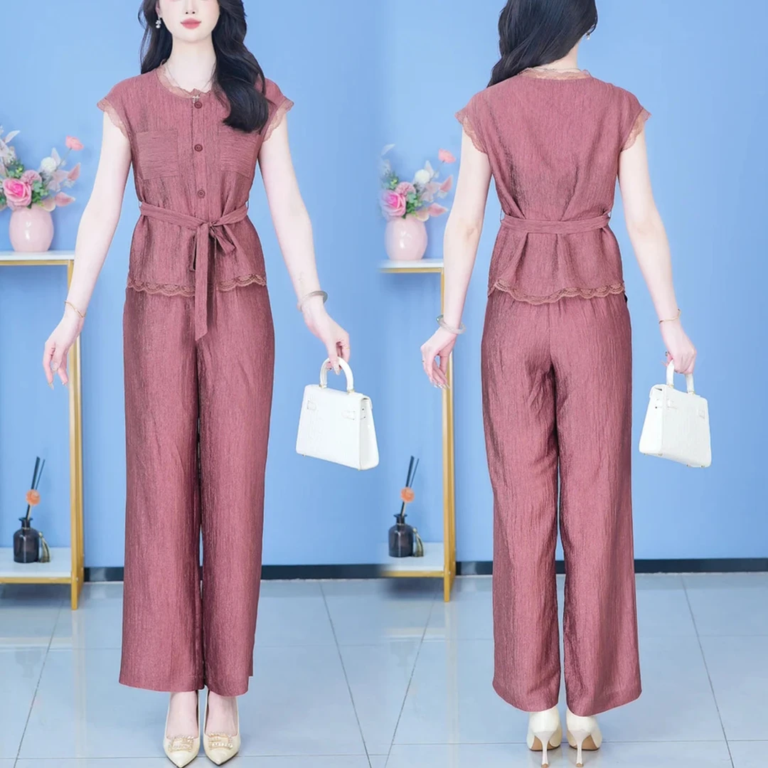 2025夏季新款时尚气质显瘦蕾丝花边拼接上衣阔腿裤休闲两件套装女