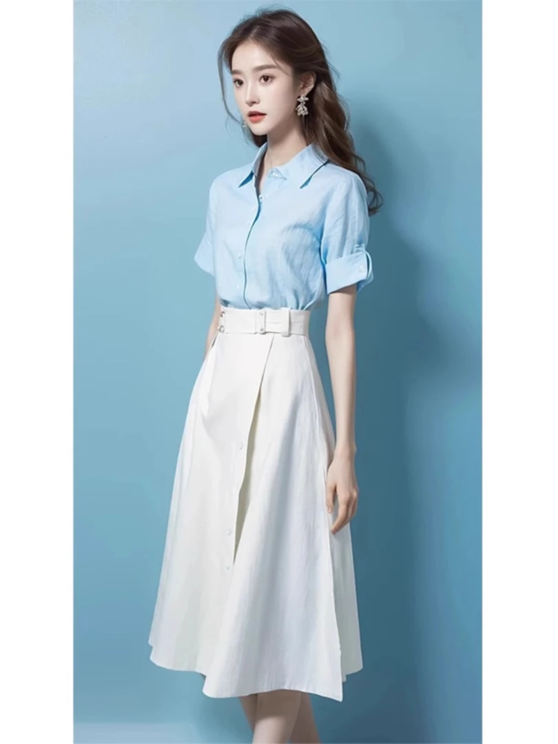 洋气减龄漂亮时尚炸街小个子搭配一整套白色棉麻衬衫半身裙女夏季