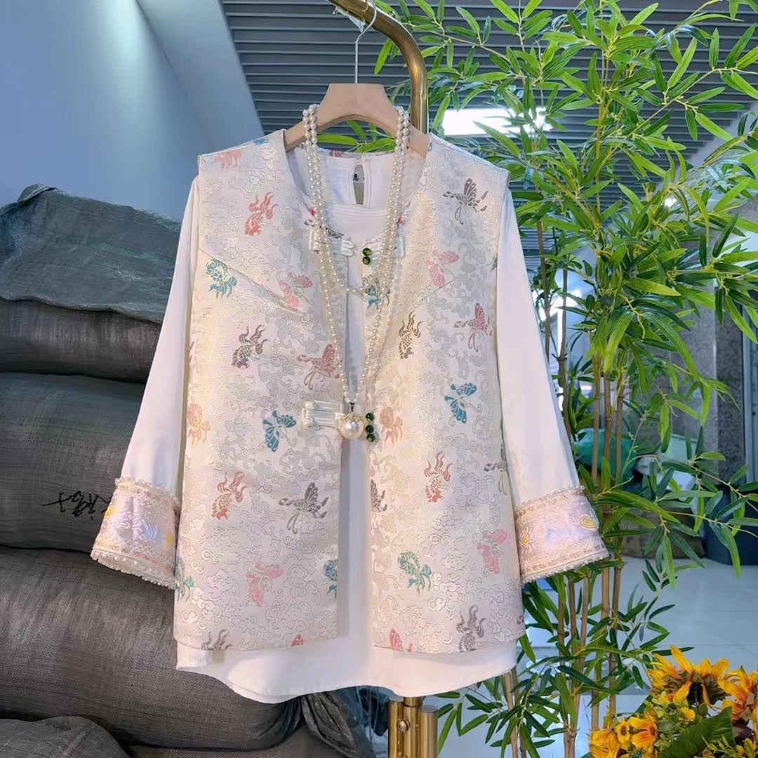 新中式国风缎面提花马甲醋酸衫套装改良民族风微胖大码古风5516