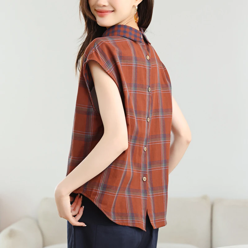 纯棉格子衬衫女夏季2025新款小个子妈妈韩版宽松休闲气质薄款上衣