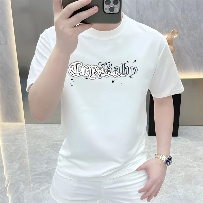 2025夏季男士简约字母印花纯棉短袖t恤男潮牌圆领宽松大码轻奢T恤