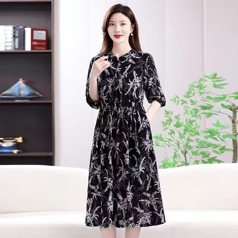 【姑苏真丝】黑色气质麦穗花真丝桑蚕丝连衣裙