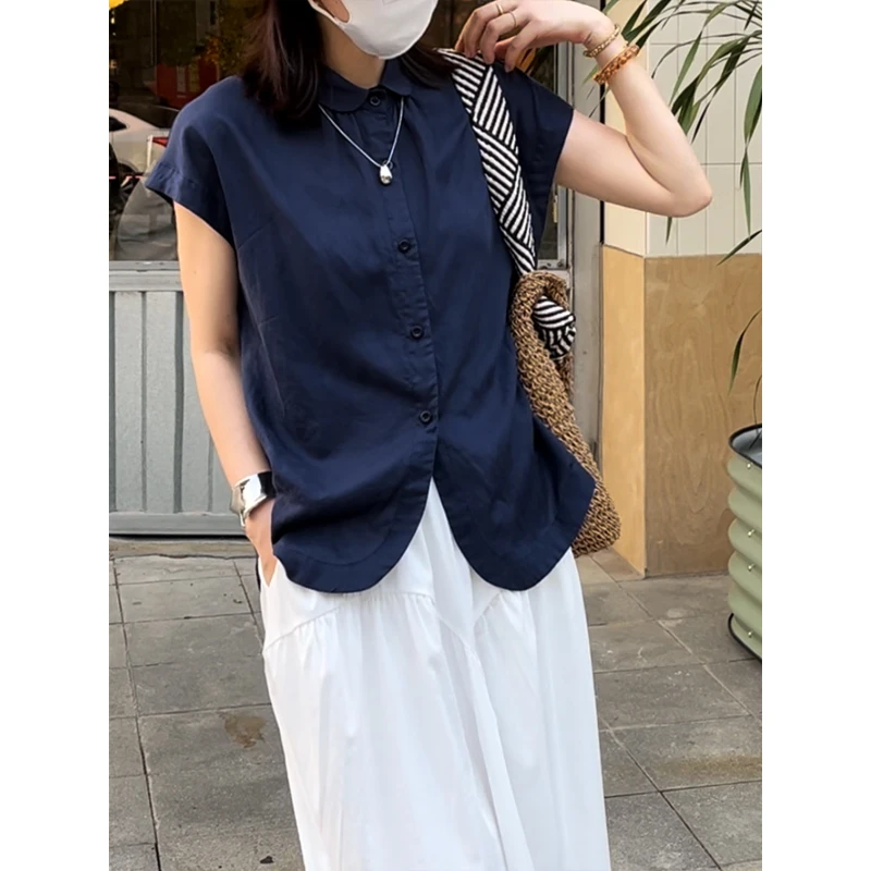 “小精致”基础款元宝领天丝亚麻衬衫显瘦短袖翻领衬衣百搭落肩小衫