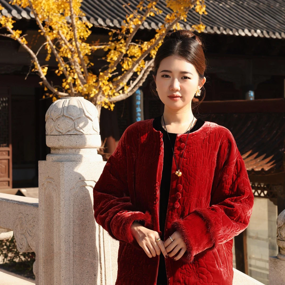 【花满林】‘红楼梦’圆领正门襟刺绣桑蚕丝丝绒加厚外套246884