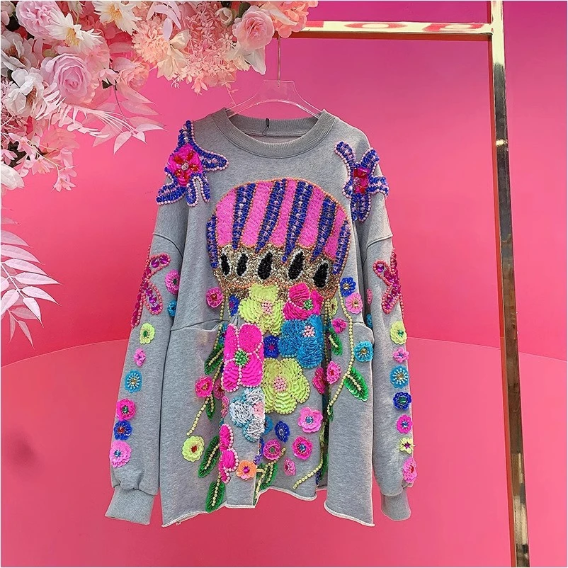 QD1213欧美设计师2025早春新款重工彩色钉钻刺绣亮片花朵休闲卫衣