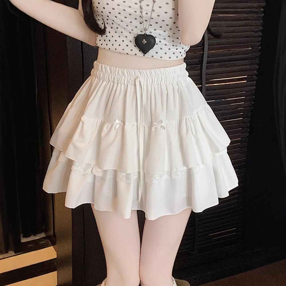 白色蕾丝蛋糕裙半身裙女夏季2025新款高腰a字芭蕾风蓬蓬百褶短裙