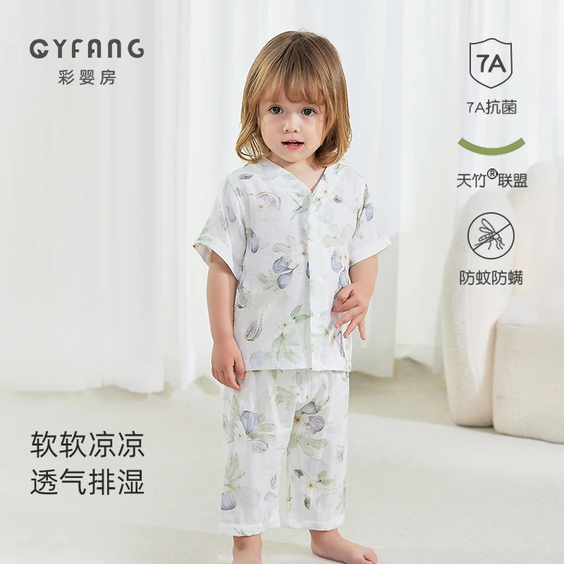 【CYF1079】宝宝夏季分体套装薄款竹棉纱布短袖长裤婴儿透气夏装