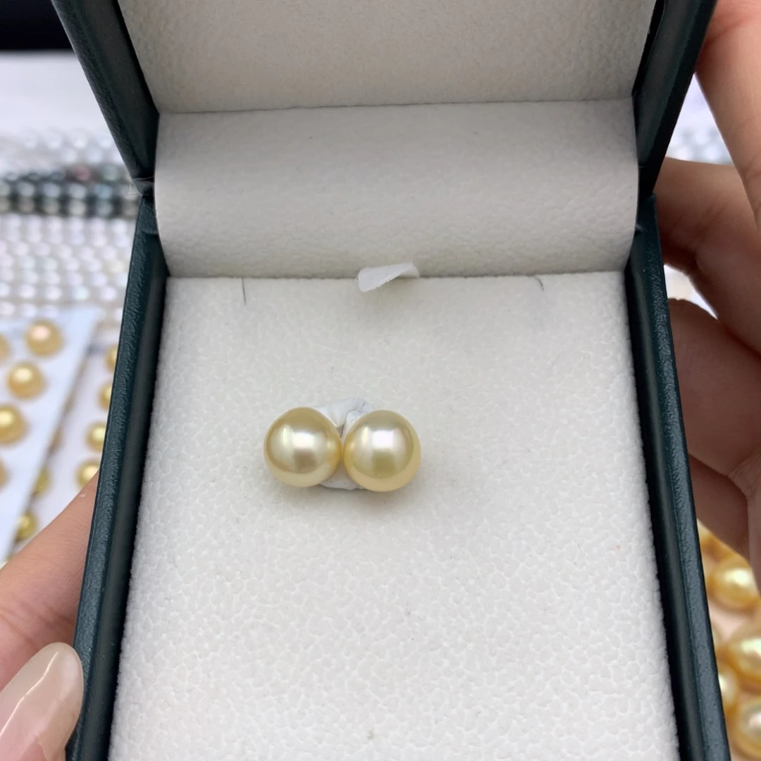 海水珍珠裸珠9-10mm水滴金珠对珠