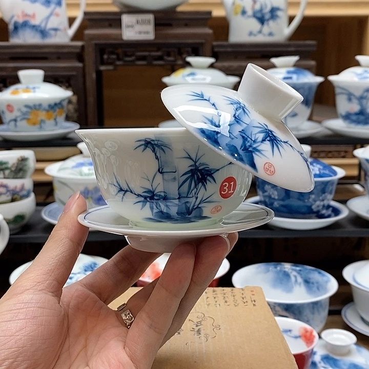 手绘咏竹悬停盖碗150cc釉下彩微瑕福利款