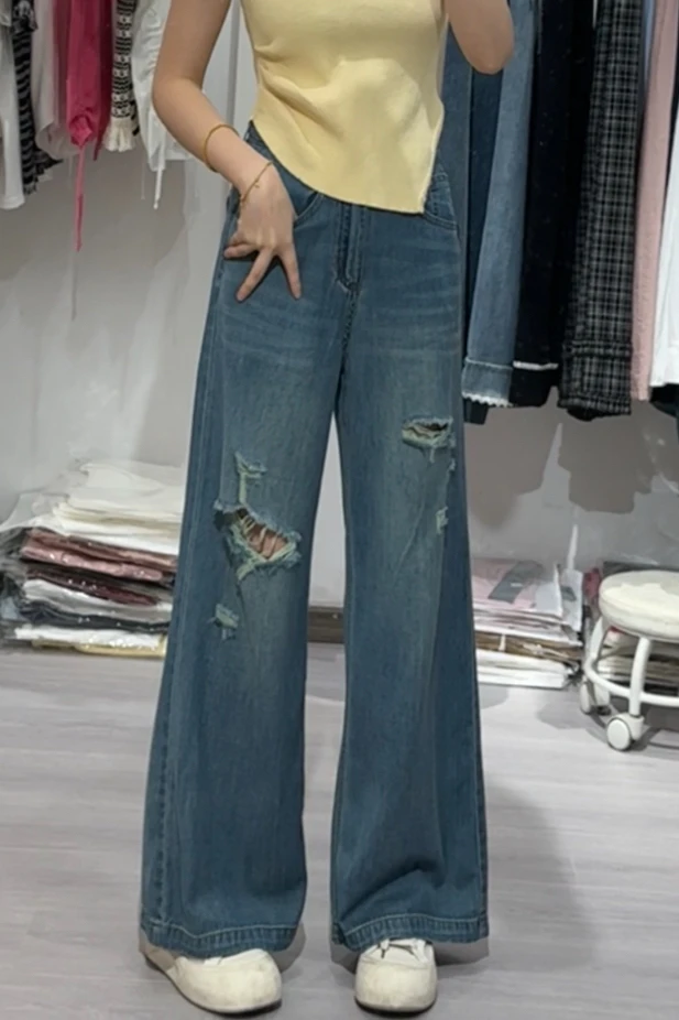 破洞炸街梨形身材牛仔裤女夏款高腰直筒宽松显瘦拖地