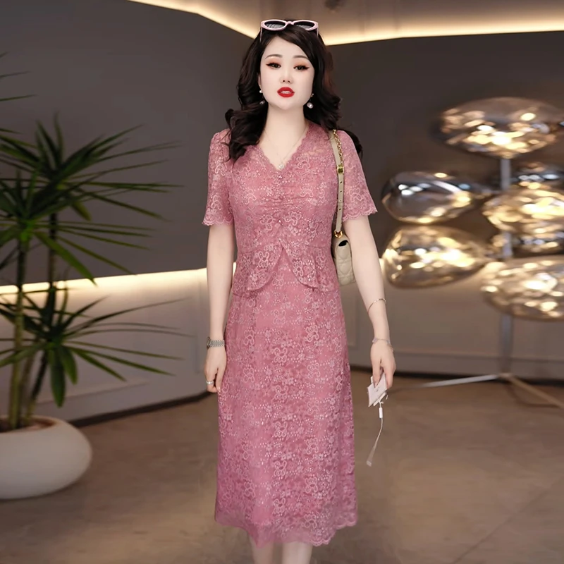 高端精致连衣裙女2025夏季新款妈妈装时尚洋气减龄显瘦假两件裙子