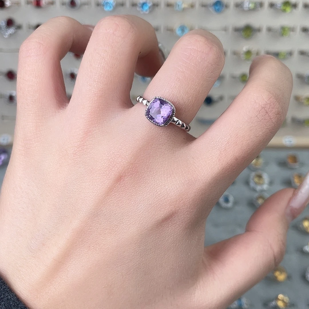 紫晶戒指银S925镶嵌经典方糖
