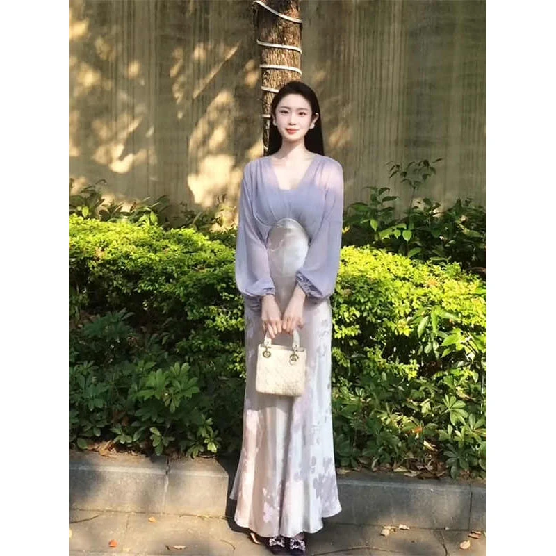 国风新中式假两件提花拼接连衣裙女2025夏季新款优雅气质收腰长裙