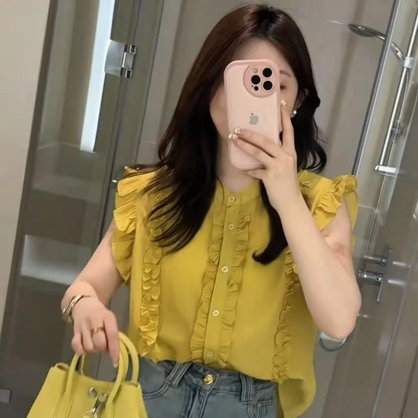 2025年夏季新款宽松木耳边单排扣减龄小衫韩版时尚透气上衣女