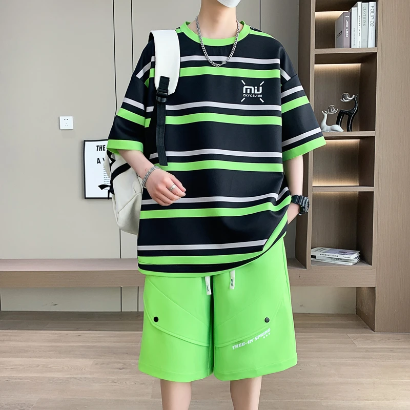 男士短袖t恤条纹2025夏季休闲套装男青少年初学生宽松半袖两件套