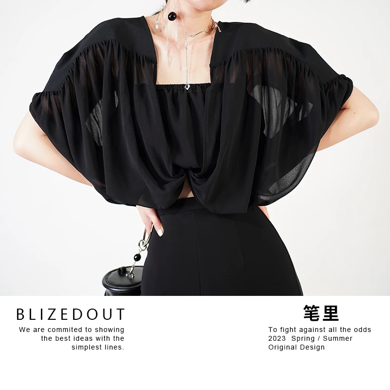 笔里【BLIZEDOUT】3052701黑色两穿夏季设计感小众法式雪纺衫上衣