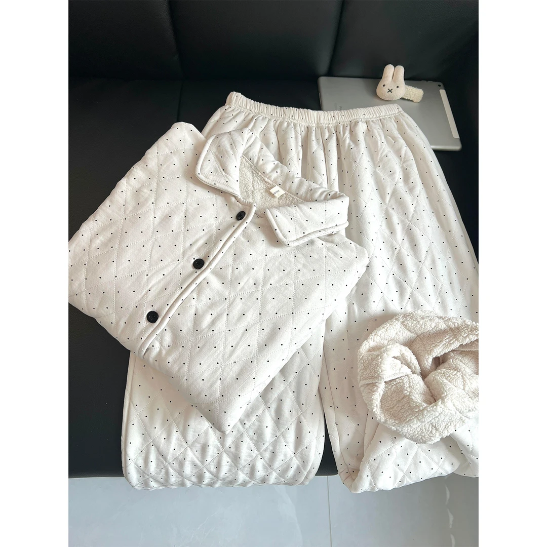 韩系杏色波点夹棉睡衣女秋冬季新款加绒加厚保暖家居服套装可外穿