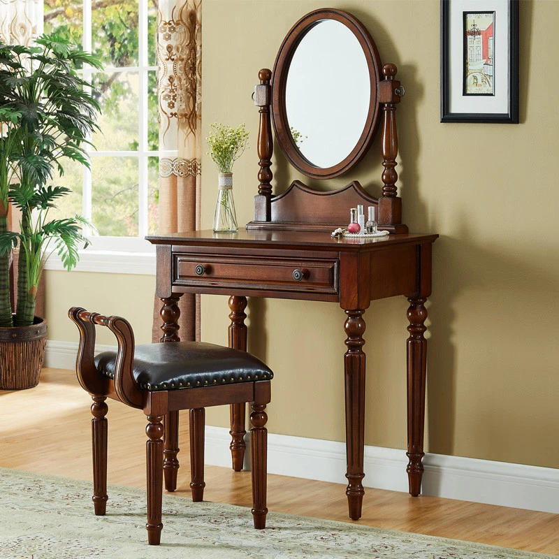美式乡村梳妆台卧室小户型复古实木深色迷你欧式化妆桌镜凳田园