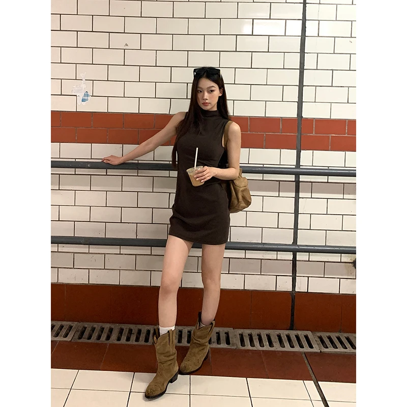 【香港街】春夏美式气质复古立领修身无袖连衣裙252V1409#
