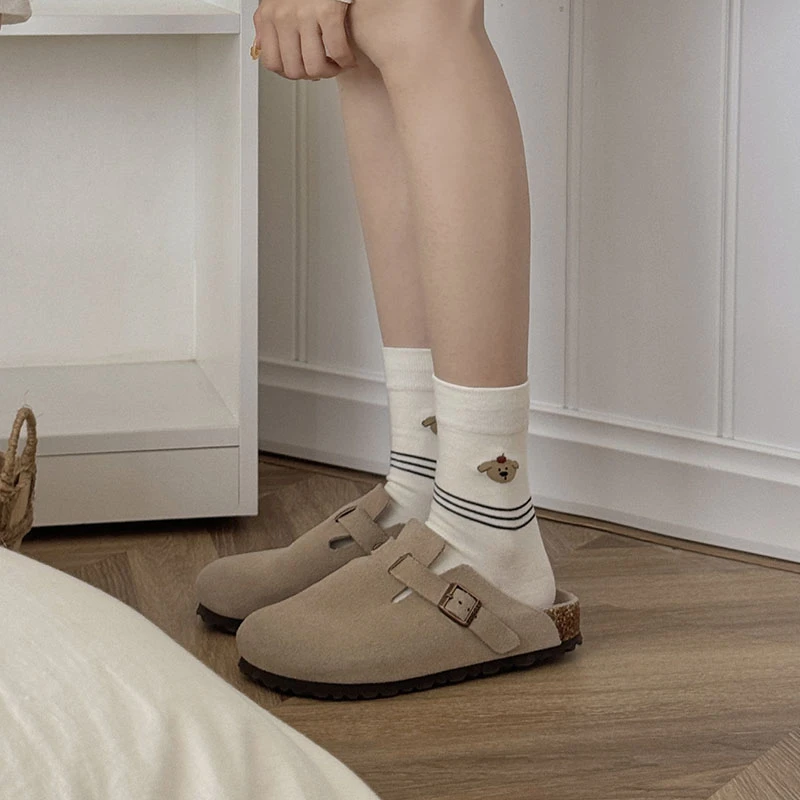 韩版白色系学院风堆堆袜时尚拼色条纹袜子卡通小熊外穿街头中筒袜