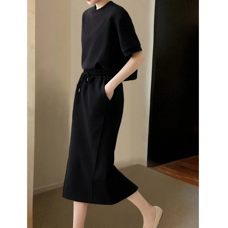 套装女夏季新款时尚感设计小众修身显瘦百搭优雅卫衣开叉裙子