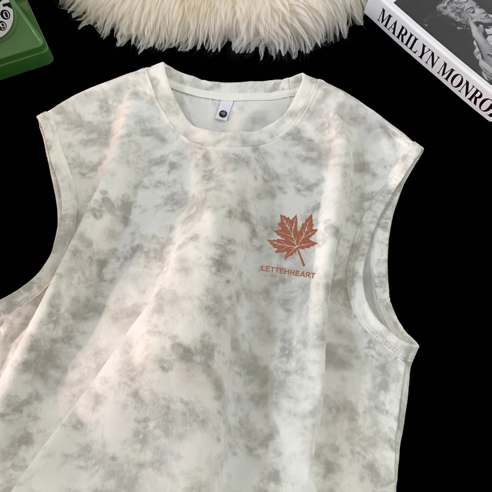 港风夏季印花男士背心简约运动透气休闲圆领宽松抗皱潮流无袖T恤