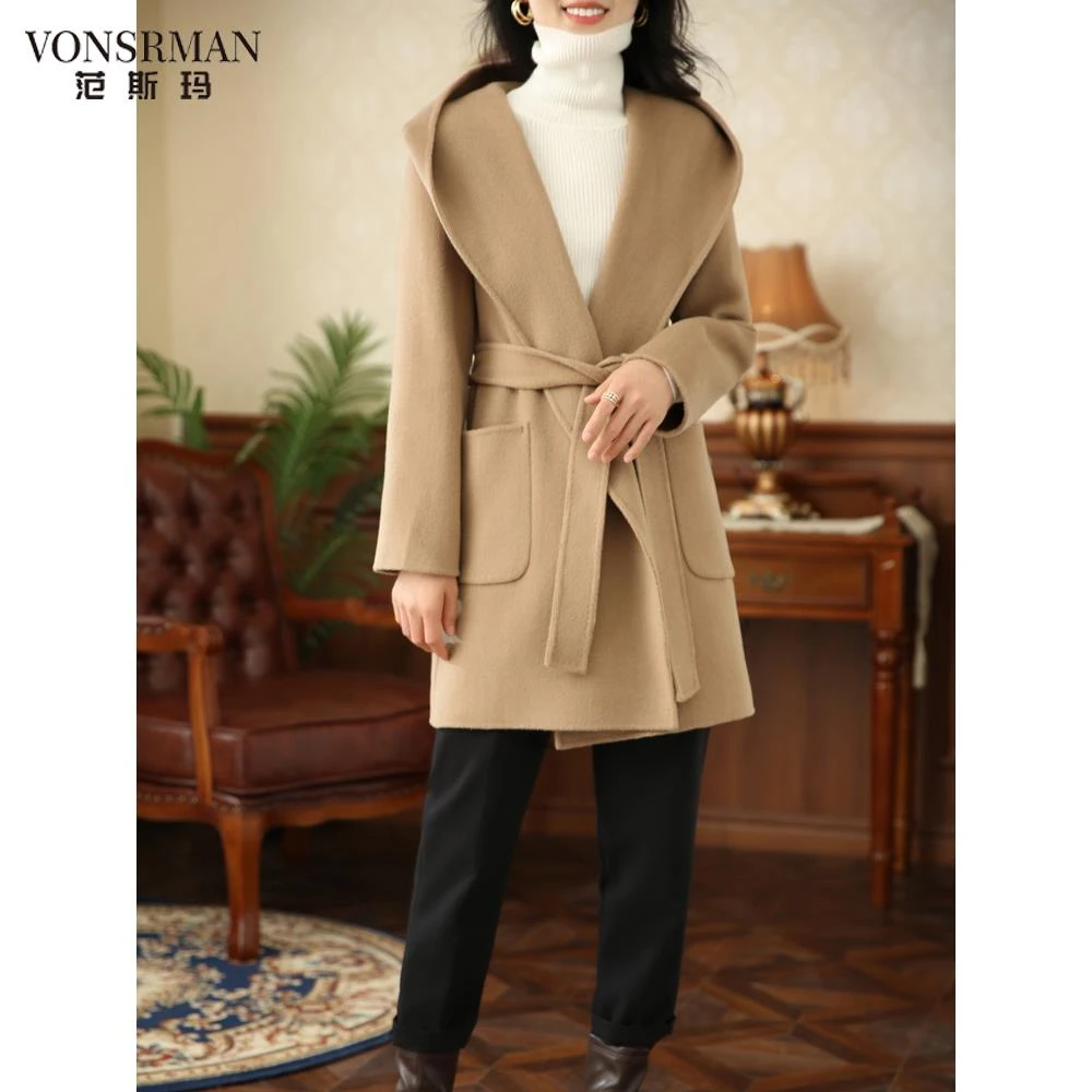 连帽双面时尚大衣女中长款2025秋冬新款高端呢外套修身高级感时尚