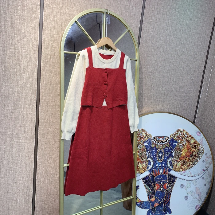 BS858孕妇红色针织连衣裙90-120