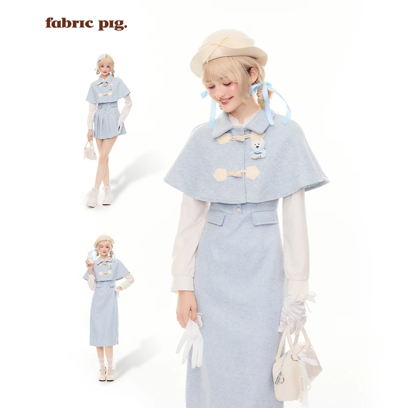 蓝白月光长短款 织物猪原创 秋冬韩系气质千金感假两件连衣裙