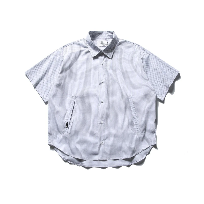 25夏季新款休闲日系复古格纹短袖衬衣潮流弧形下摆翻领衬衫薄款