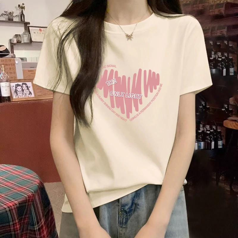 正肩圆领显瘦短袖T恤女夏季新款印花ins纯棉宽松打底韩版洋气上衣