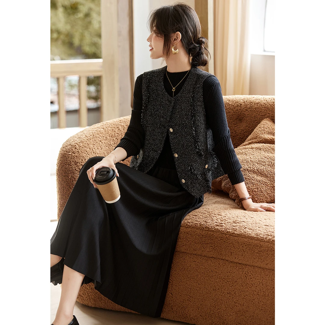 尚静小香风毛边粗花呢马甲套装2024秋冬新款针织拼接裙马夹两件套