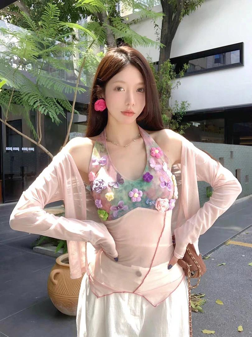 带胸垫立体花挂脖透视少女风法式套装温泉盐系带胸垫夏季吊带上衣