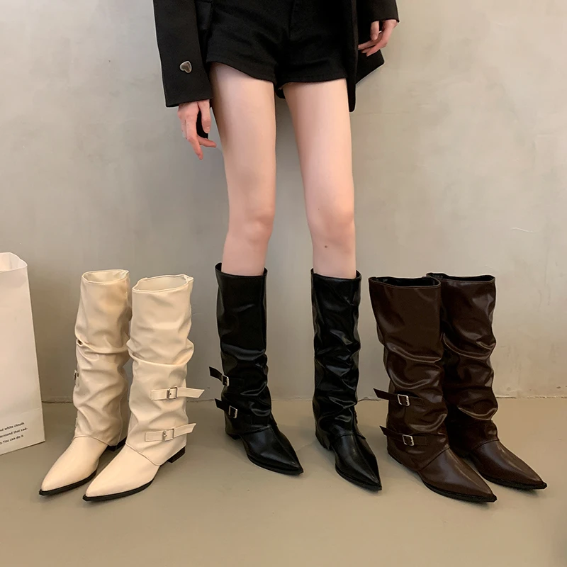 粗跟高跟高筒靴女靴2025新款秋季尖头堆堆靴长筒靴子裤管靴骑士靴