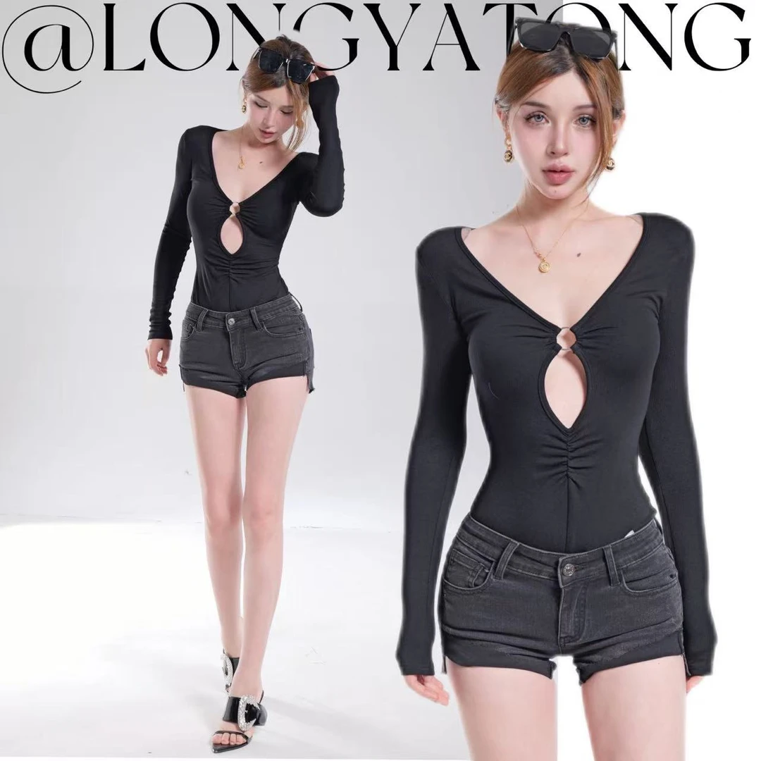 龙牙童推荐【混乱性感】显瘦早秋女士长袖收腰修身薄款连体衣T恤