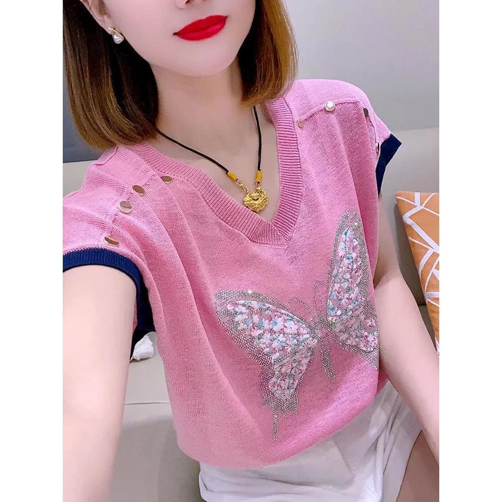夏季冰丝粉色减龄蝴蝶短袖T恤女士2025新款时尚洋气针织小衫上衣