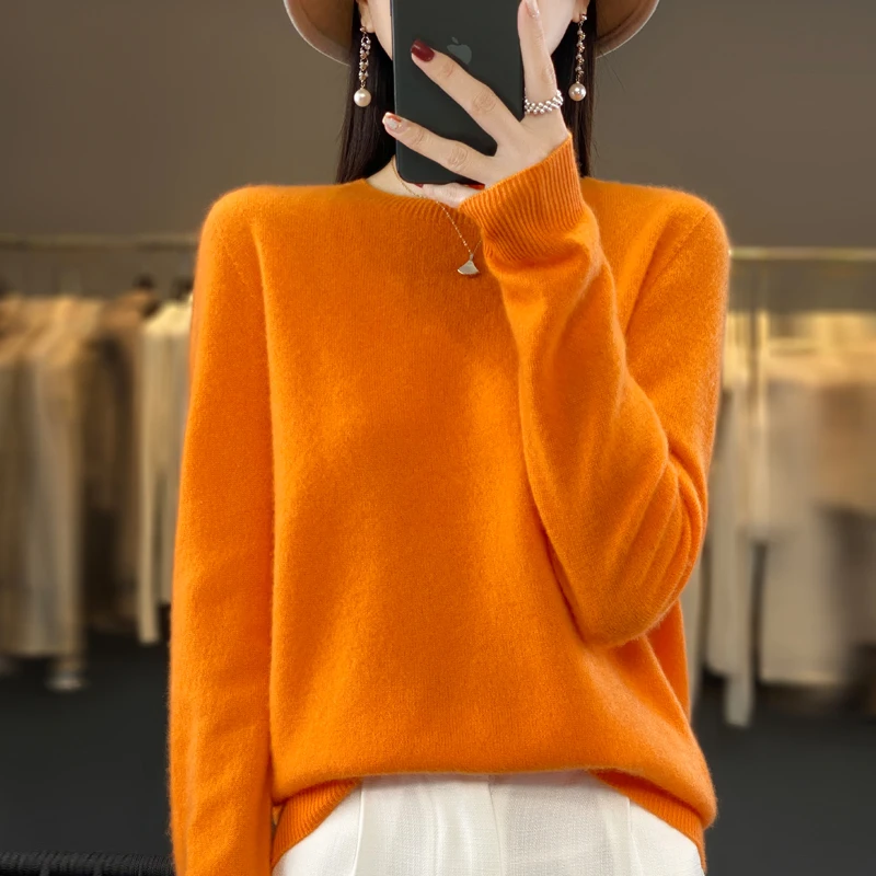 商场新款一线成衣纯羊绒衫女圆领百搭时尚宽松休闲显瘦针织打底衫