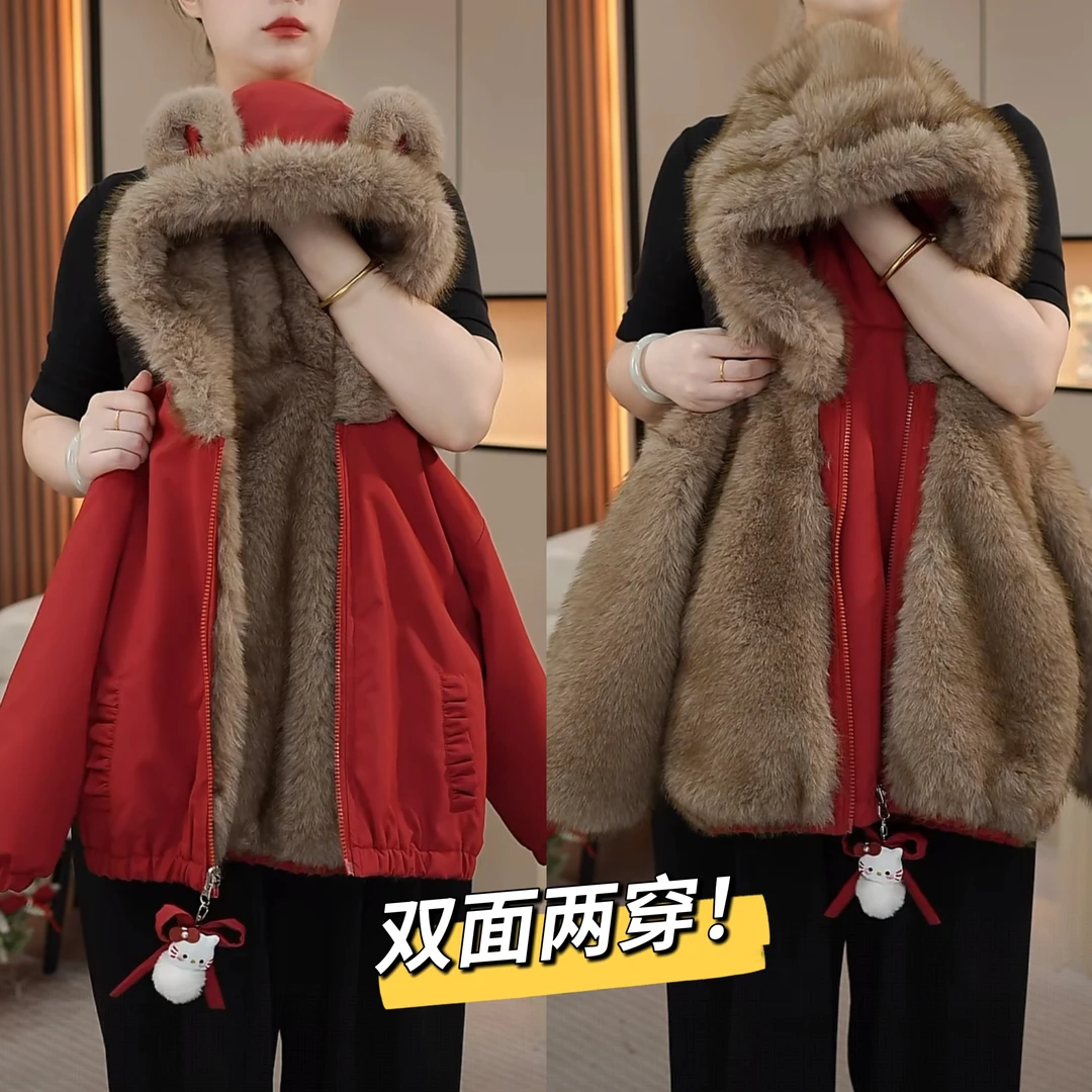 女童外套冬装2025新款中大儿童加绒加厚双面穿连帽上衣