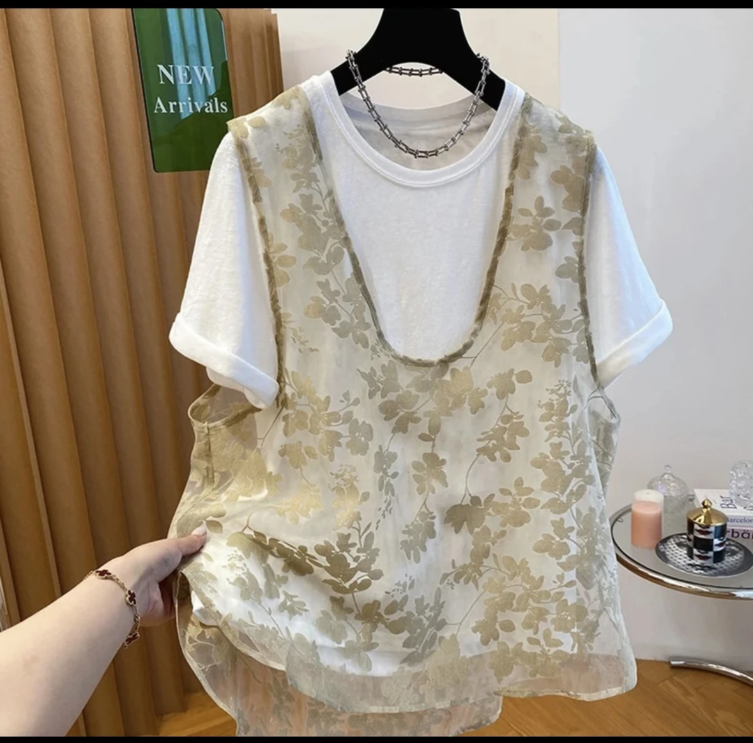 【阳光金叶】超好看宽松时髦叠穿网纱马甲t恤两件套短袖