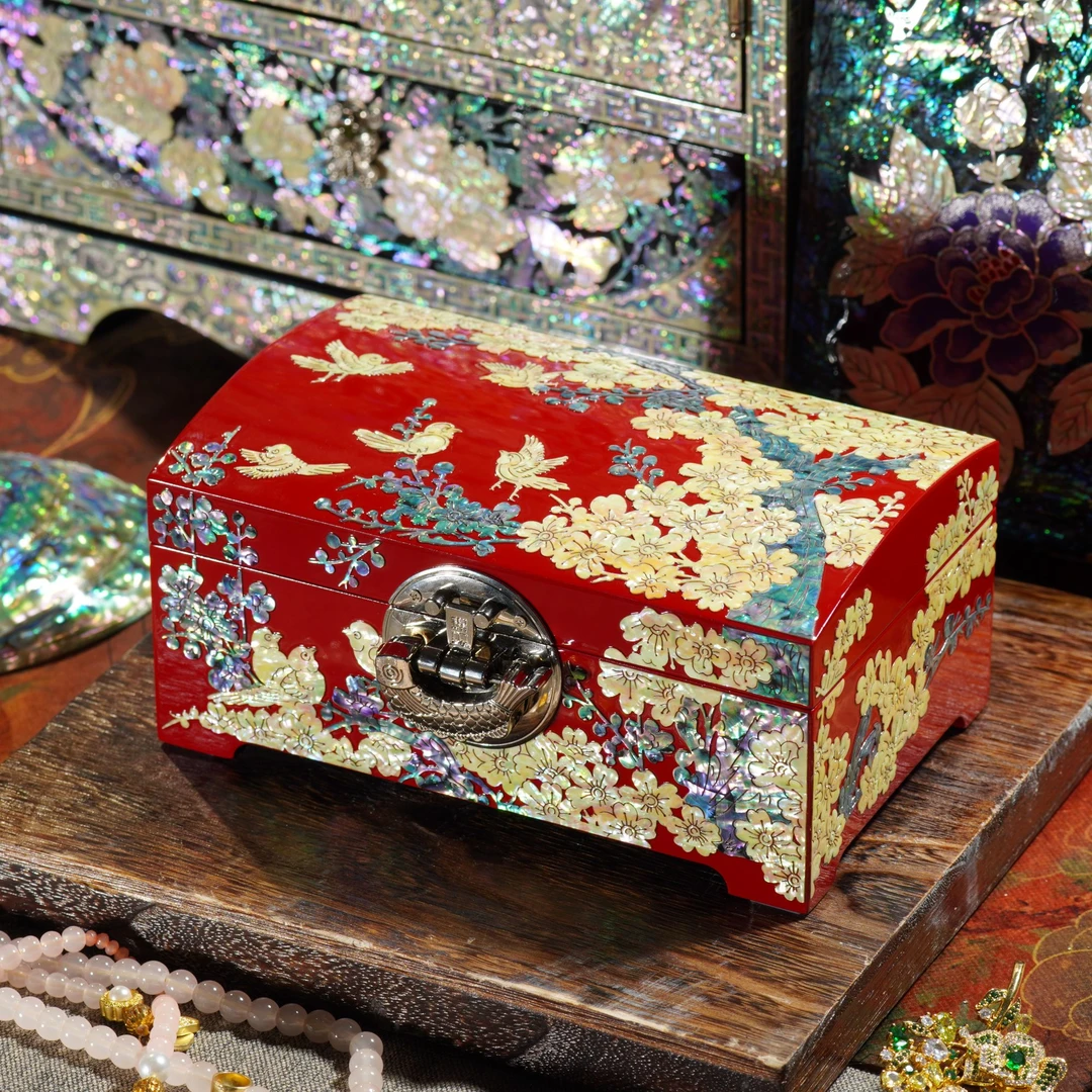 黄贝红色喜上眉梢精美礼物送新人精致漆器收纳订婚螺钿首饰盒