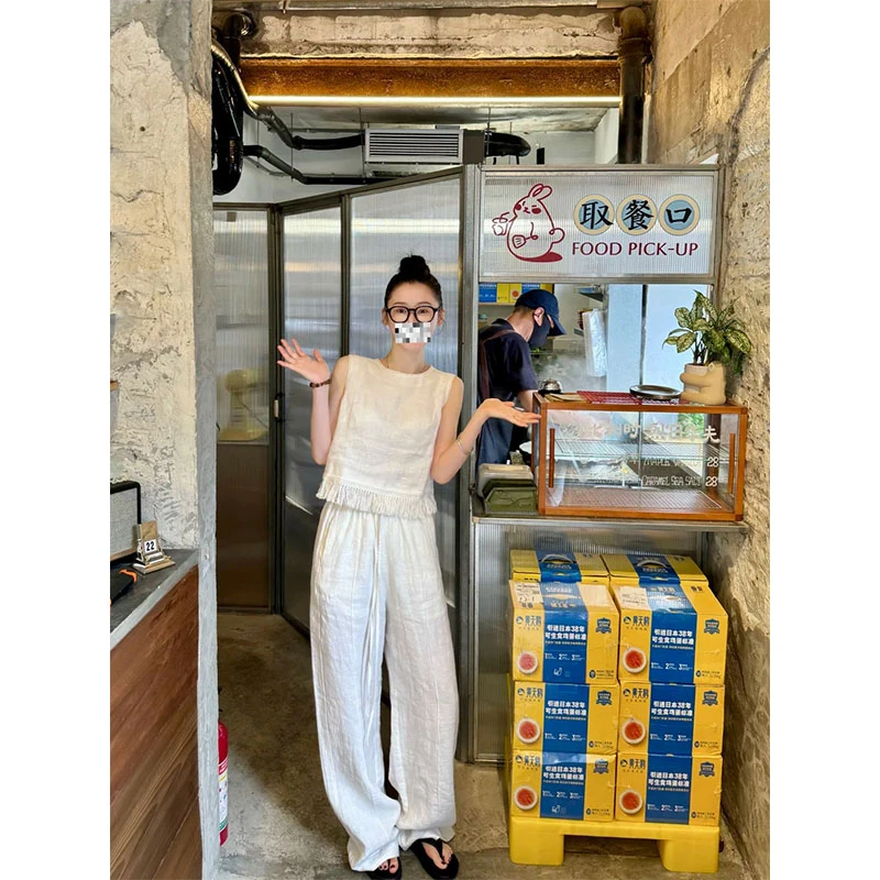 慵懒风小众设计款无袖背心上衣2025夏季新款简约百搭休闲长裤套装