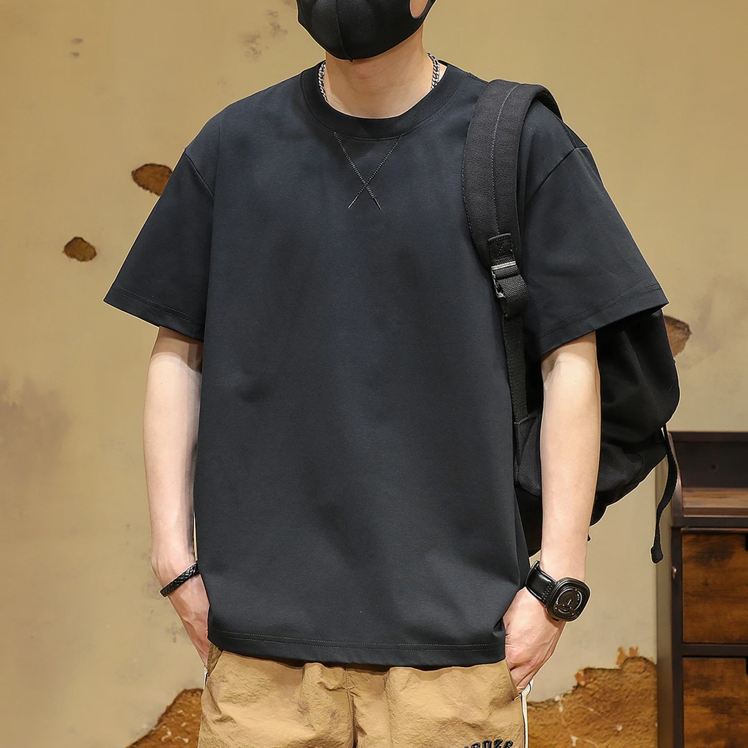 美式休闲短袖t恤男夏季新款刺绣圆领宽松大码凉感半截袖体恤上衣