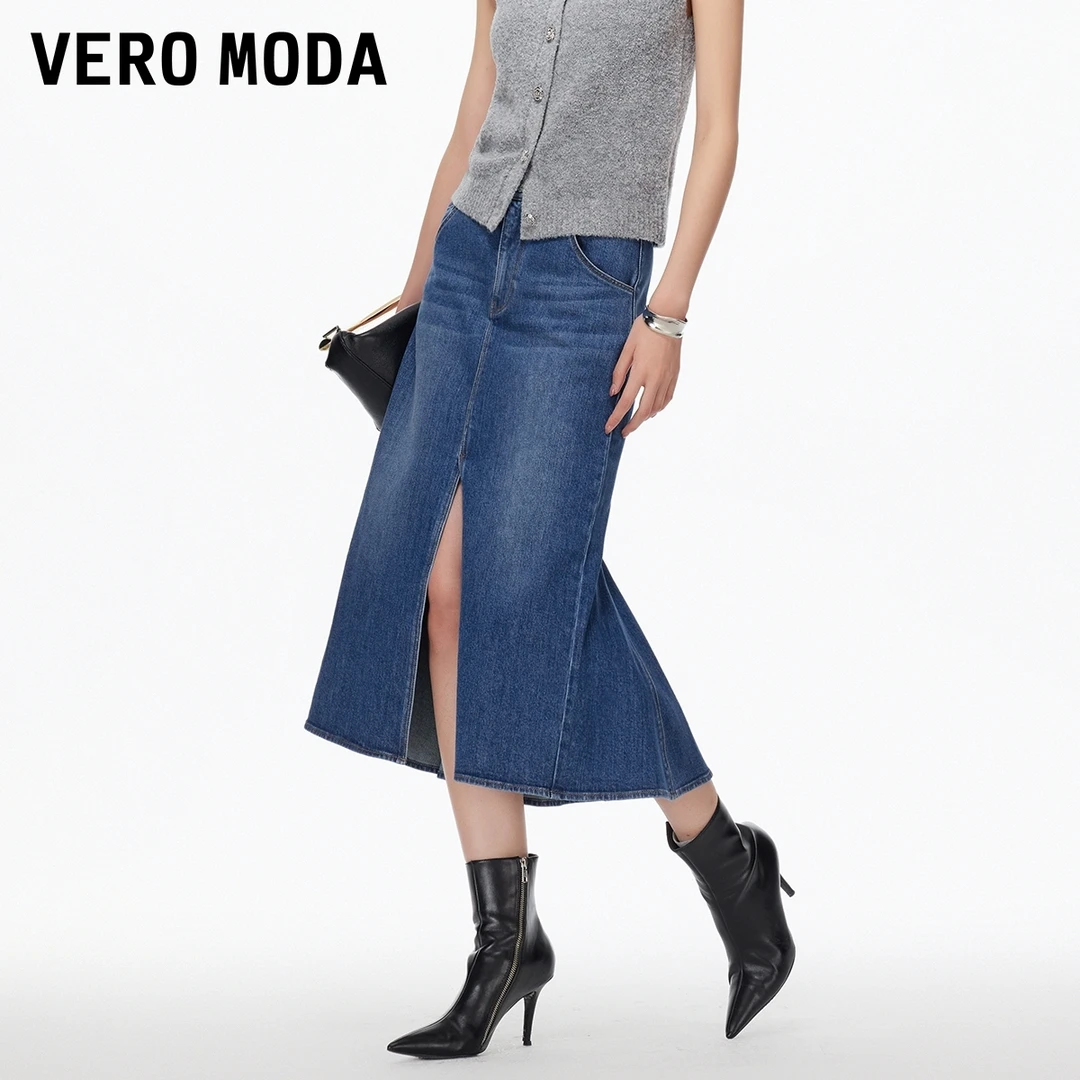 Vero Moda半身裙女2025秋冬新款含棉后身拼接鱼尾牛仔裙老钱风