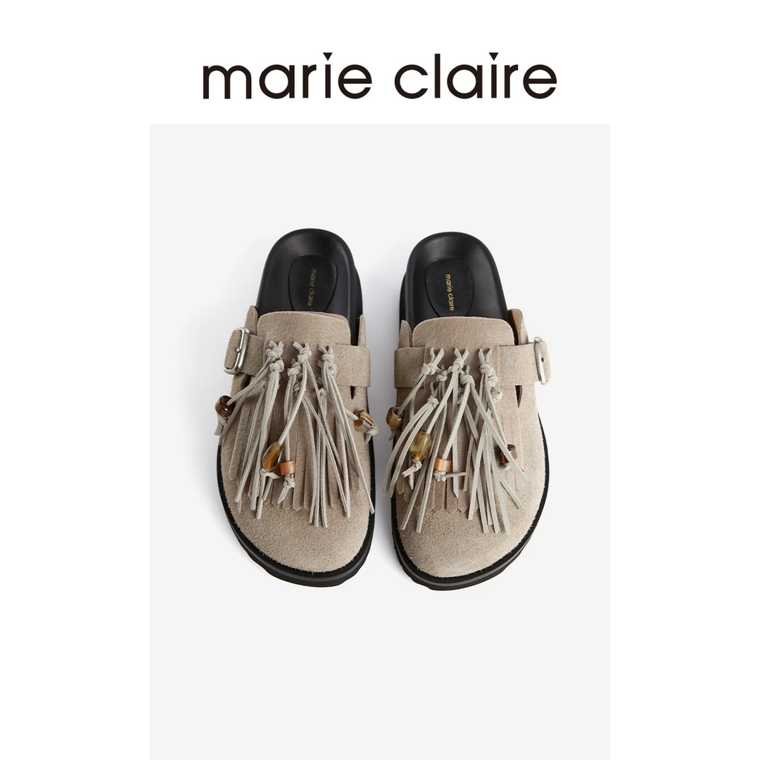 MC女鞋豆蔻灰可拆卸流苏串珠勃肯鞋25夏绒面单鞋marieclaire女鞋