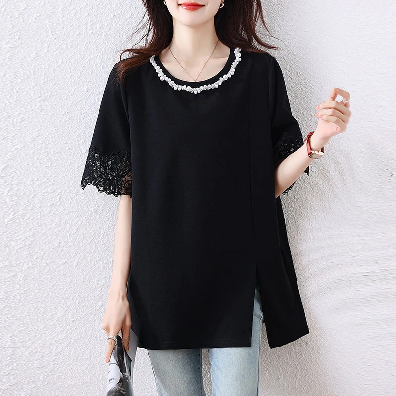 2025新款黑色短袖t恤女士夏季时尚洋气减龄重工钉珠蕾丝拼接上衣