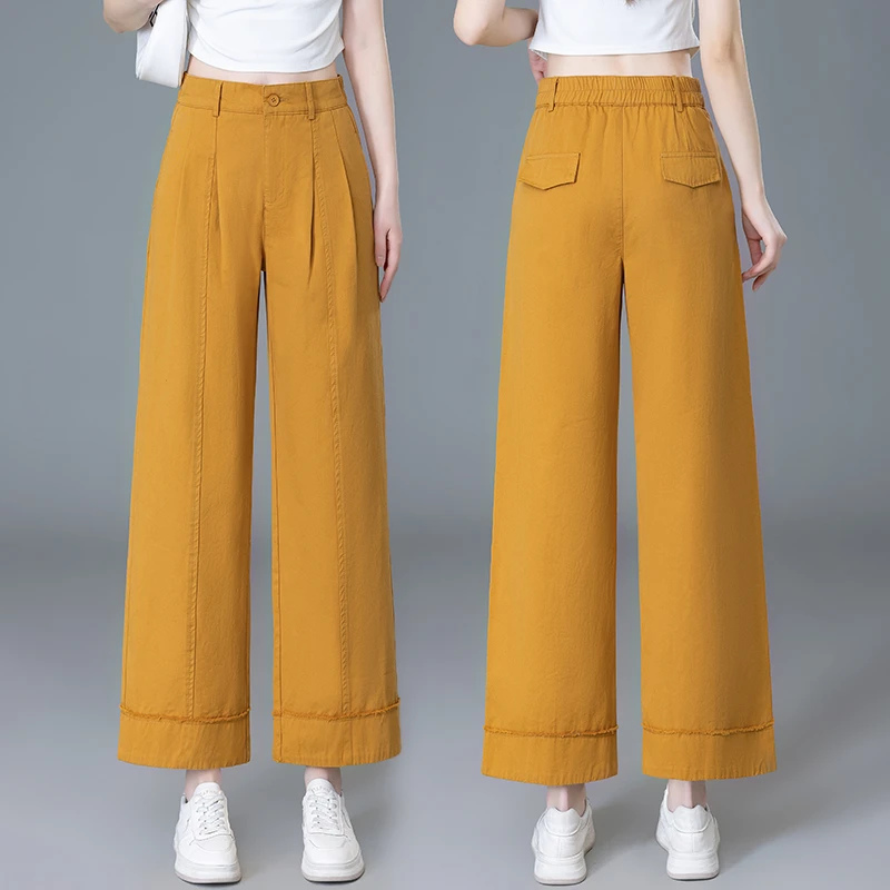 2025年夏季新款高腰显瘦直筒裤女宽松百搭休闲阔腿裤姜黄色镰刀裤