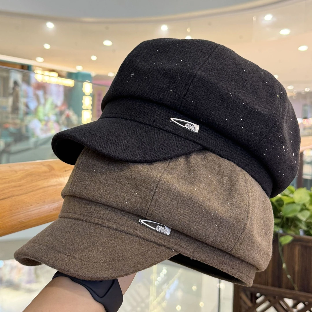 TIFICY户外新款八角帽女秋冬季帽子亮钻蓓蕾帽黑色鸭舌帽画家帽毛