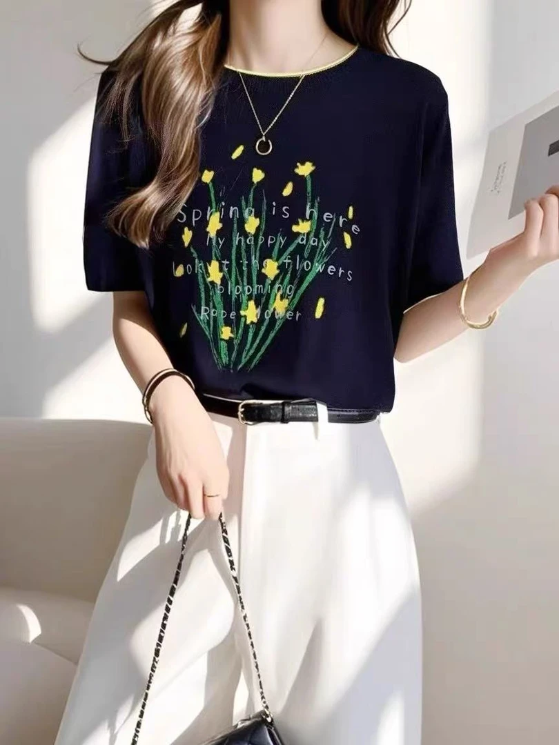 143夏季新款时尚百搭卡通猫咪圆领短袖T恤宽松显瘦上衣薄款针织衫